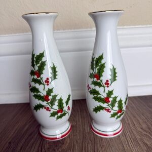 Two Holiday Bud Vases 6.5" White with Berries & Holly Vintage Christmas Decor